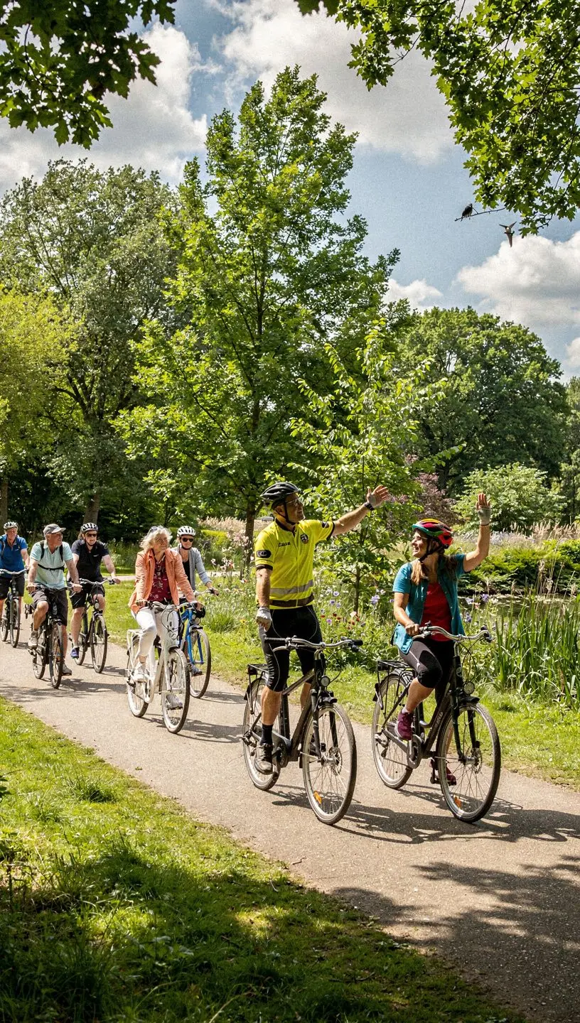 Gids die een groep toeristen leidt op een comfortabele fietstocht door een historische Nederlandse binnenstad.