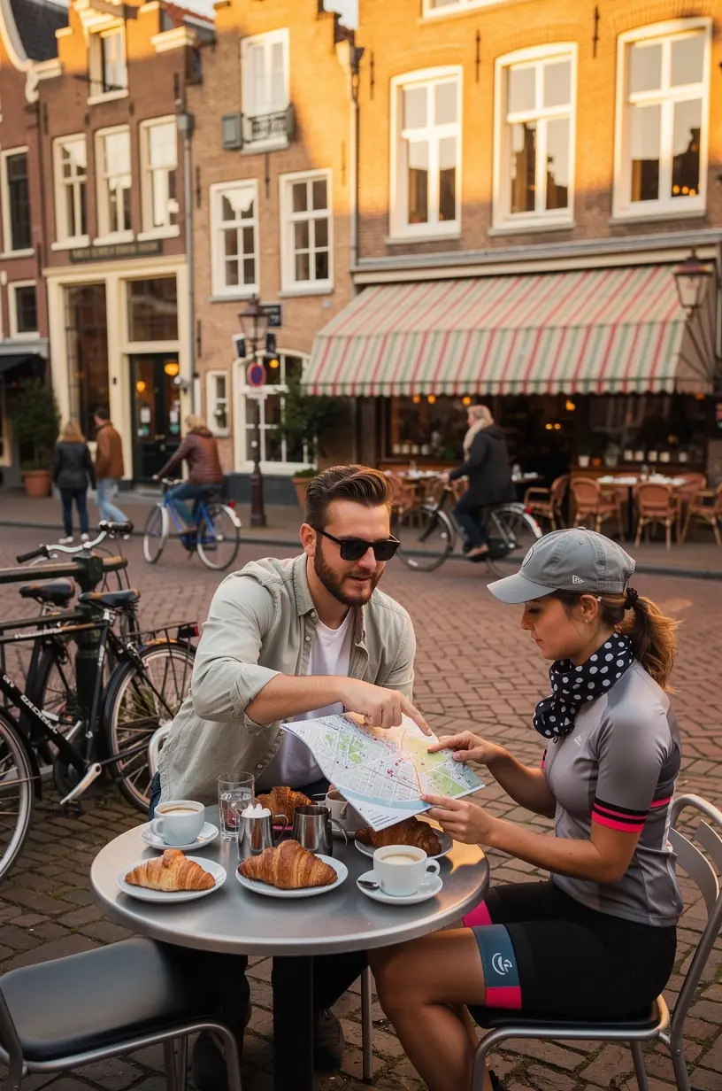 Fietsers die genieten van een rustpauze bij een typisch Nederlands café langs een fietspad naast een kanaal.