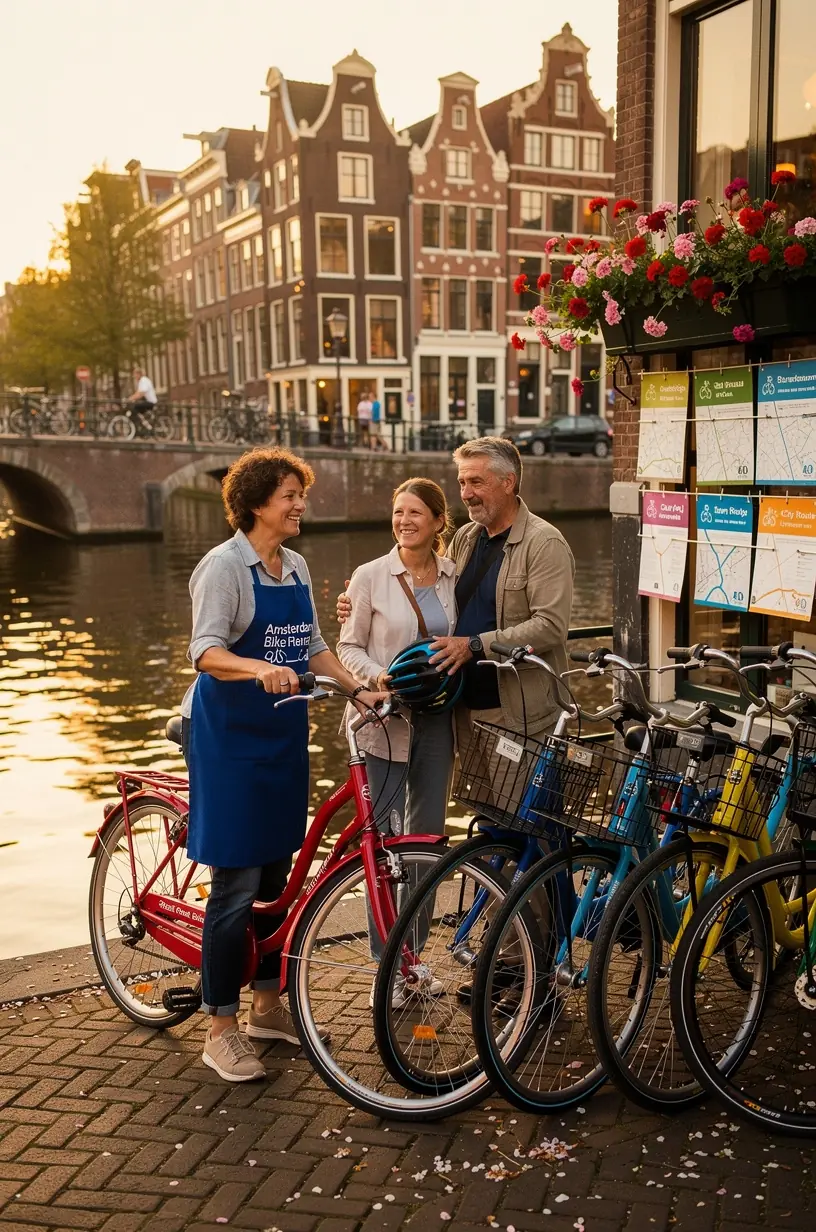 Een moderne fietsenverhuurwinkel met verschillende soorten fietsen klaar voor toeristen.